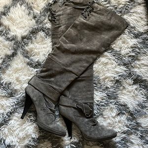 Gray leather knee high boots